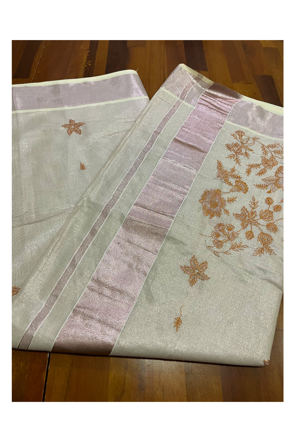 Kerala Rose Copper Tissue Kasavu Saree with Embroidery Works on Body