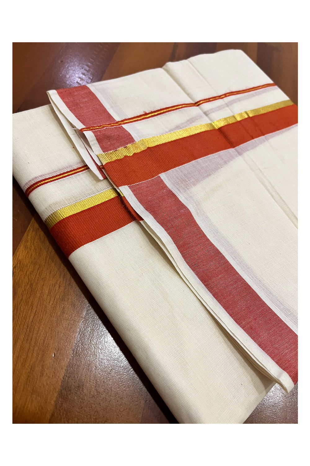 Pure Cotton Mundu with Orange and Kasavu Border (South Indian Kerala Dhoti)