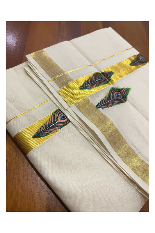 Pure Cotton Kasavu Mundu with Feather Mural Painted Design (Onam Mundu 2023)