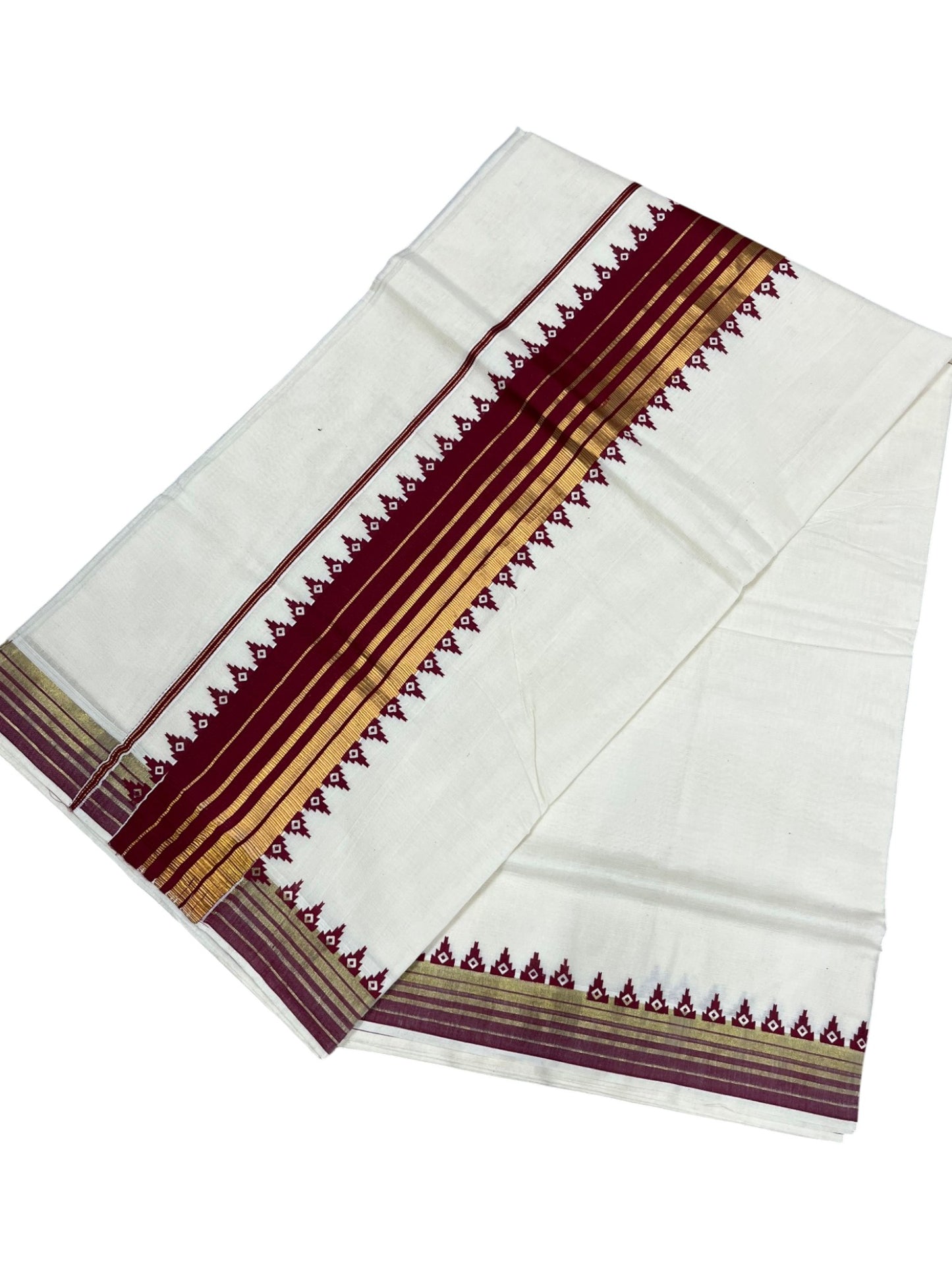 Southloom Cotton Kerala Kasavu Saree with Temple Design Border in Maroon