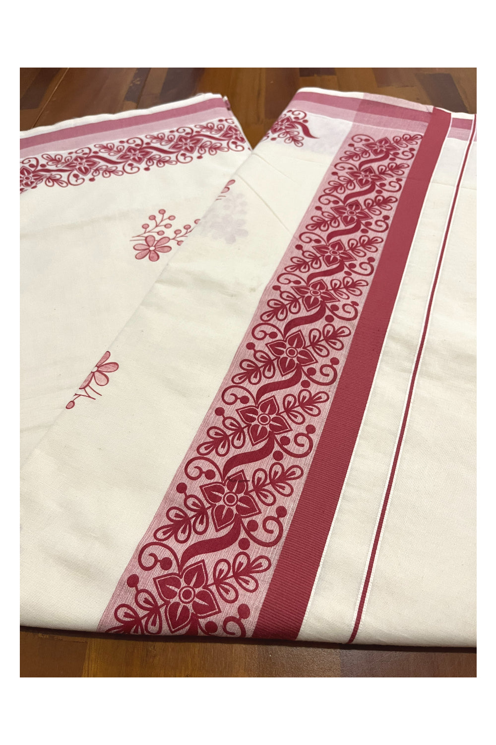 Pure Cotton Off White Kerala Saree with Brick Red Floral Block Printed Border (Onam Saree 2023)