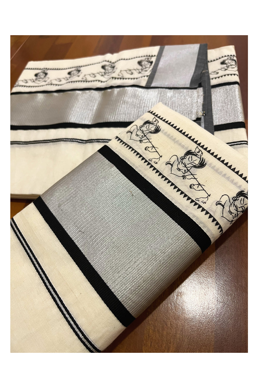 Pure Cotton Kerala Single Set Mundu (Mundum Neriyathum) with Black Block Printed Silver Kasavu Border