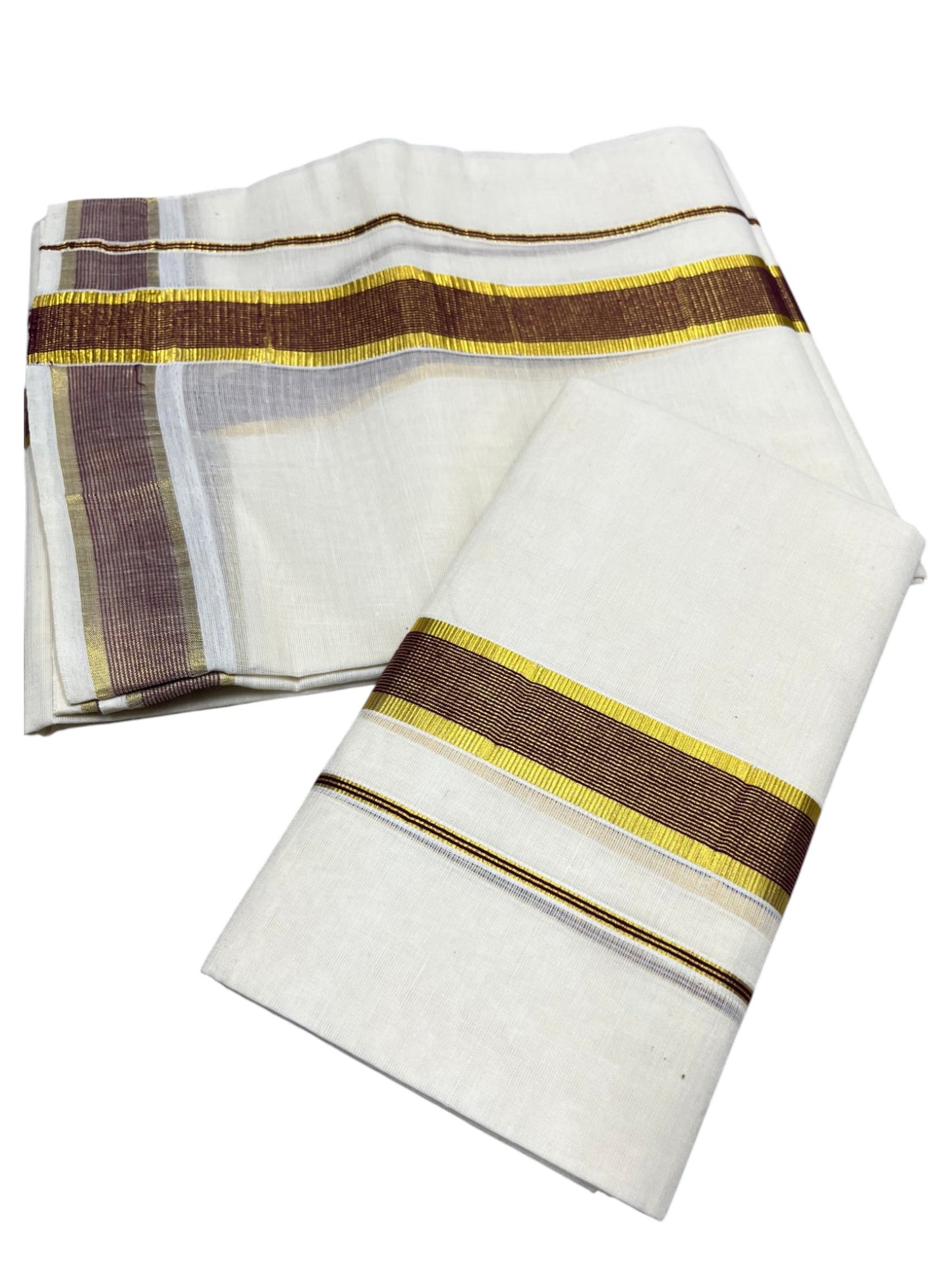 Southloom Pure Cotton Kerala Kasavu Set Mundu (Mundum Neriyathum) Kasavu & Purple Border in 2.80 Mtrs