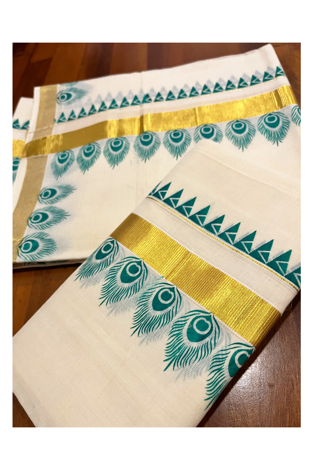 Kerala Pure Cotton Kasavu Set Mundu Single (Mundum Neriyathum) with Green Block Prints and Temple Border 2.80 Mtrs