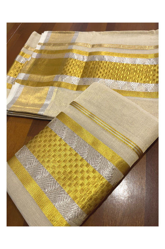 Southloom Premium Handloom Tissue Single Set Mundu with Silver and Golden Kasavu Woven Design Border