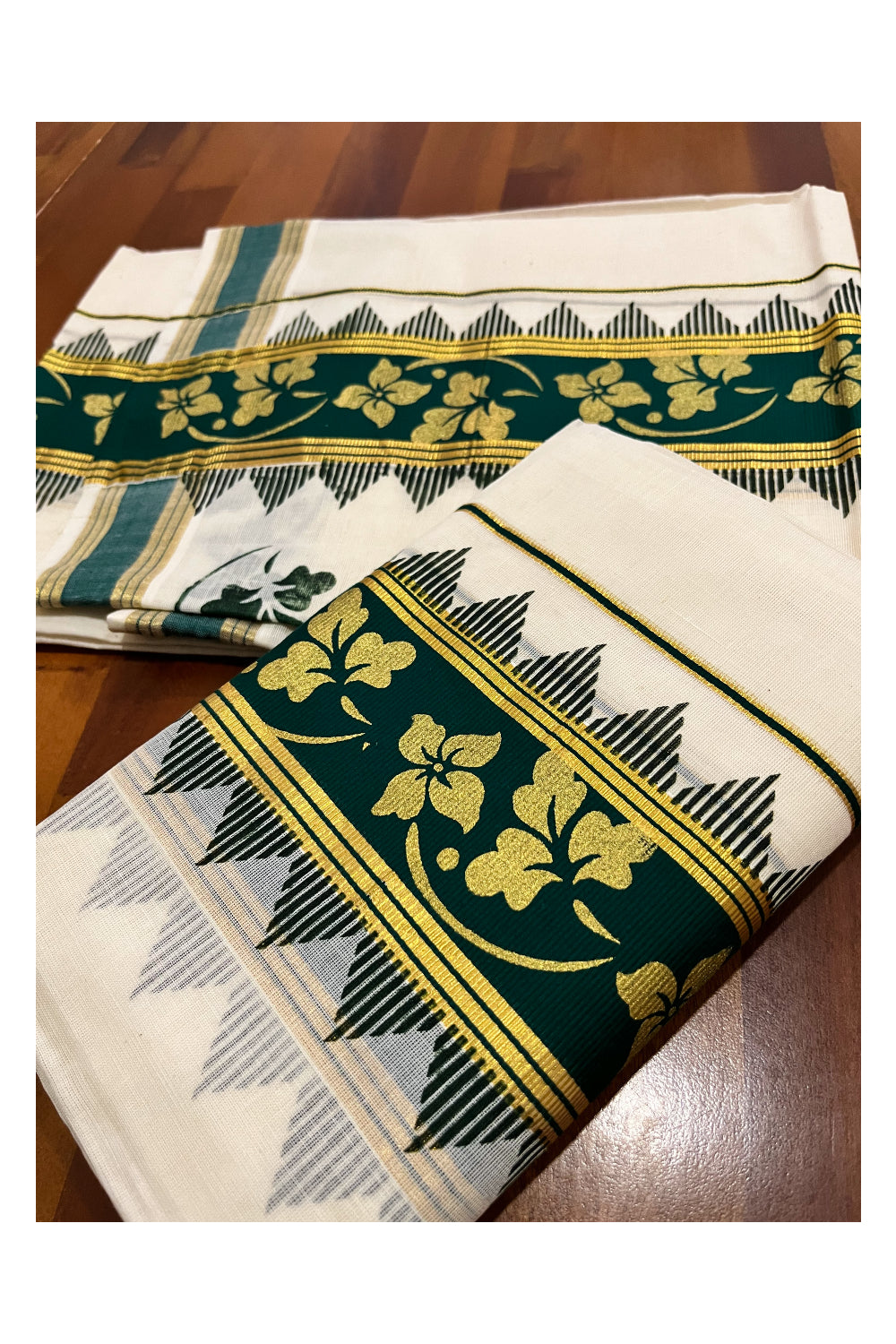 Kerala Pure Cotton Set Mundu Single (Mundum Neriyathum) with Floral Golden Block Prints on Dark Green Border