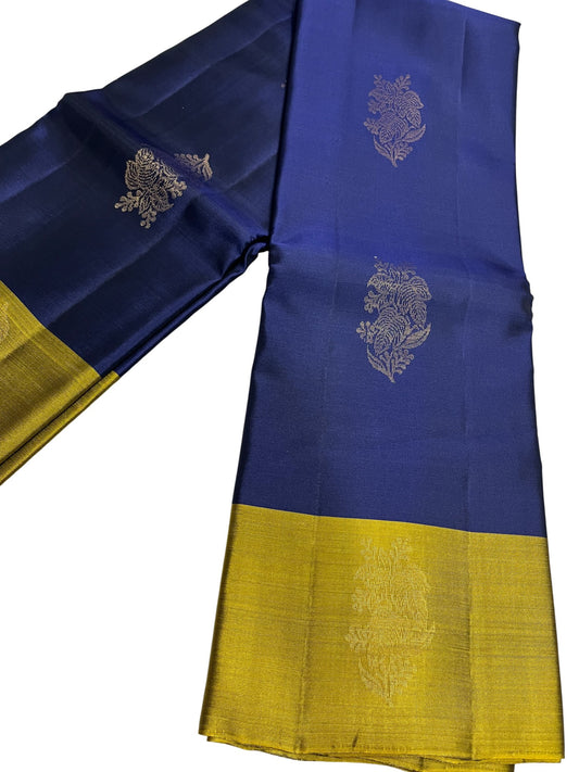 Southloom Pure Handloom Kanchipuram Silk Saree with Butta Work (Blue & Golden)