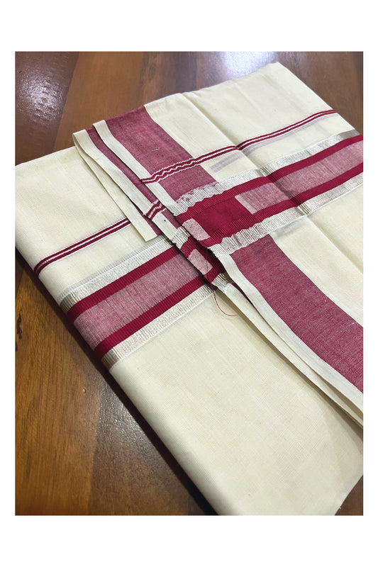 Kerala Cotton Off White Double Mundu with Silver Kasavu and Maroon Border (South Indian Kerala Dhoti)