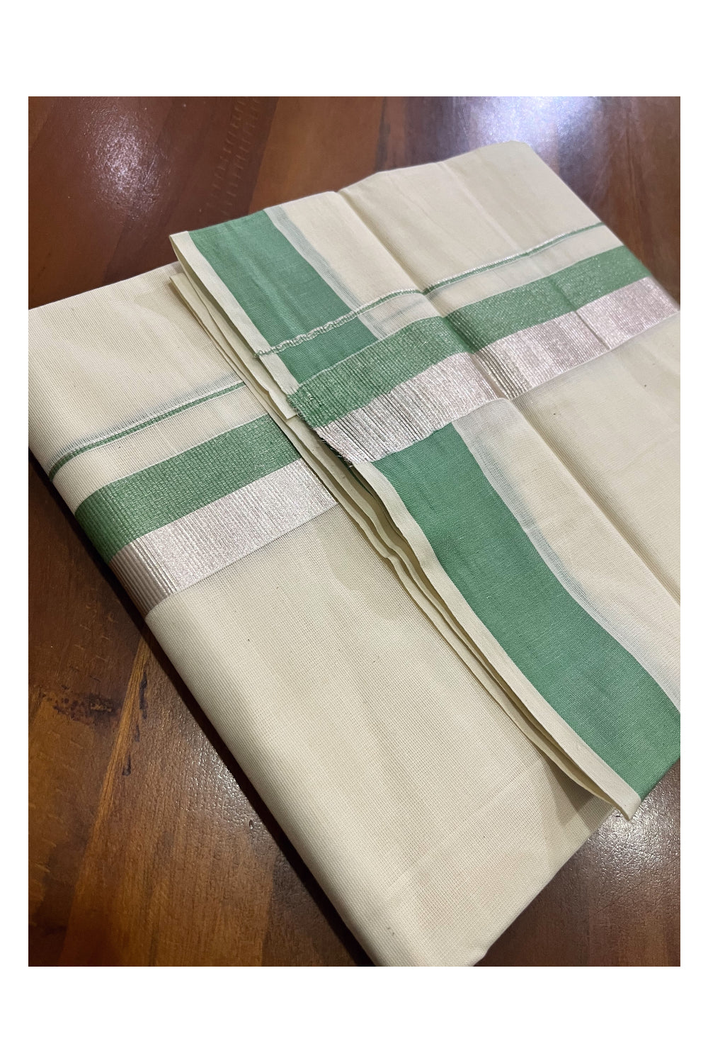 Off White Kerala Cotton Double Mundu with Silver Kasavu and Light Green Border (South Indian Kerala Dhoti)