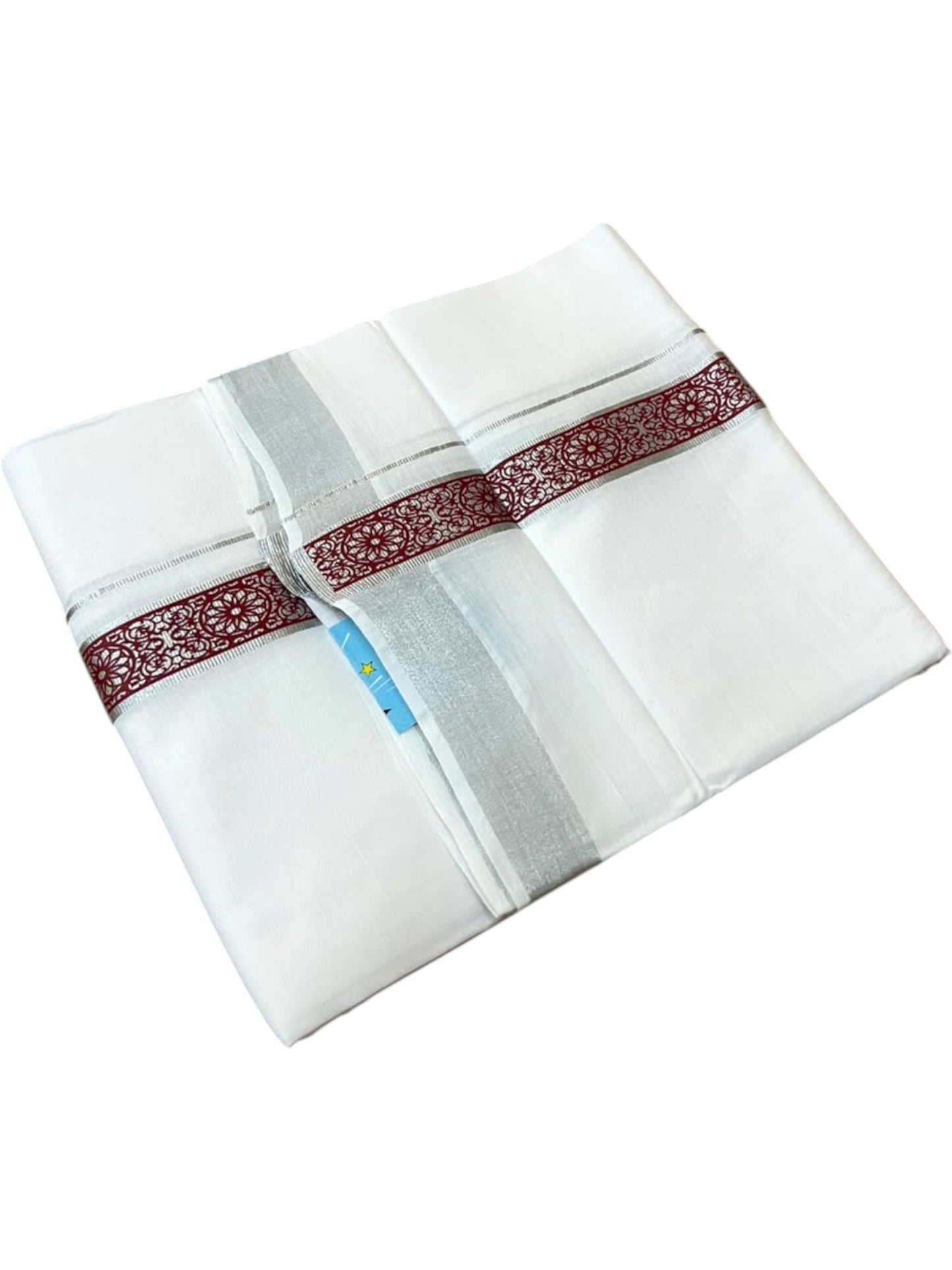 Southloom Pure White Cotton Mundu with Brick Red and Silver Kasavu Border (South Indian Kerala Dhoti)