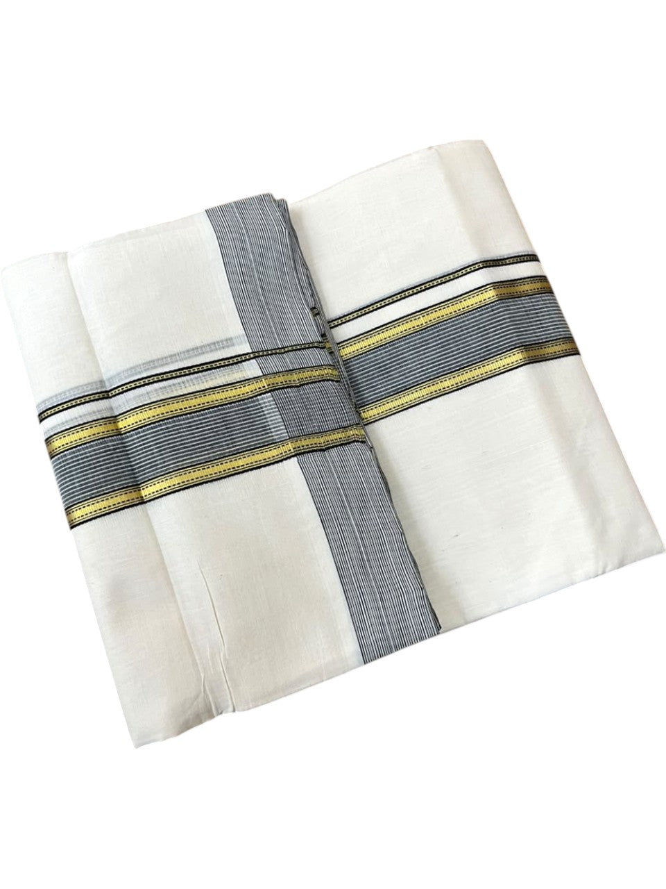 Southloom Balaramapuram Unakkupaavu Premium Handloom Cotton Double Mundu with Gold Kasavu and Black Border