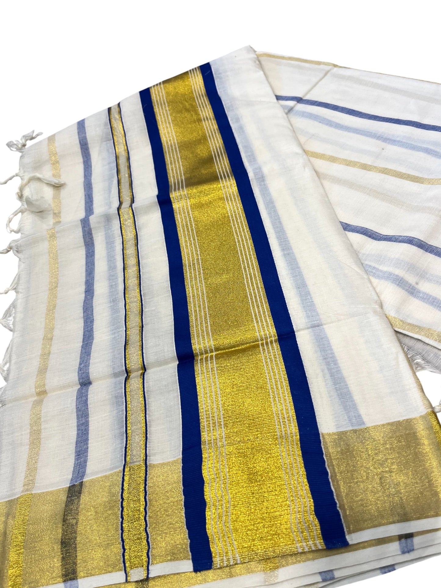 Southloom Kerala Cotton Kasavu Saree with Gold And Blue Lines on Body