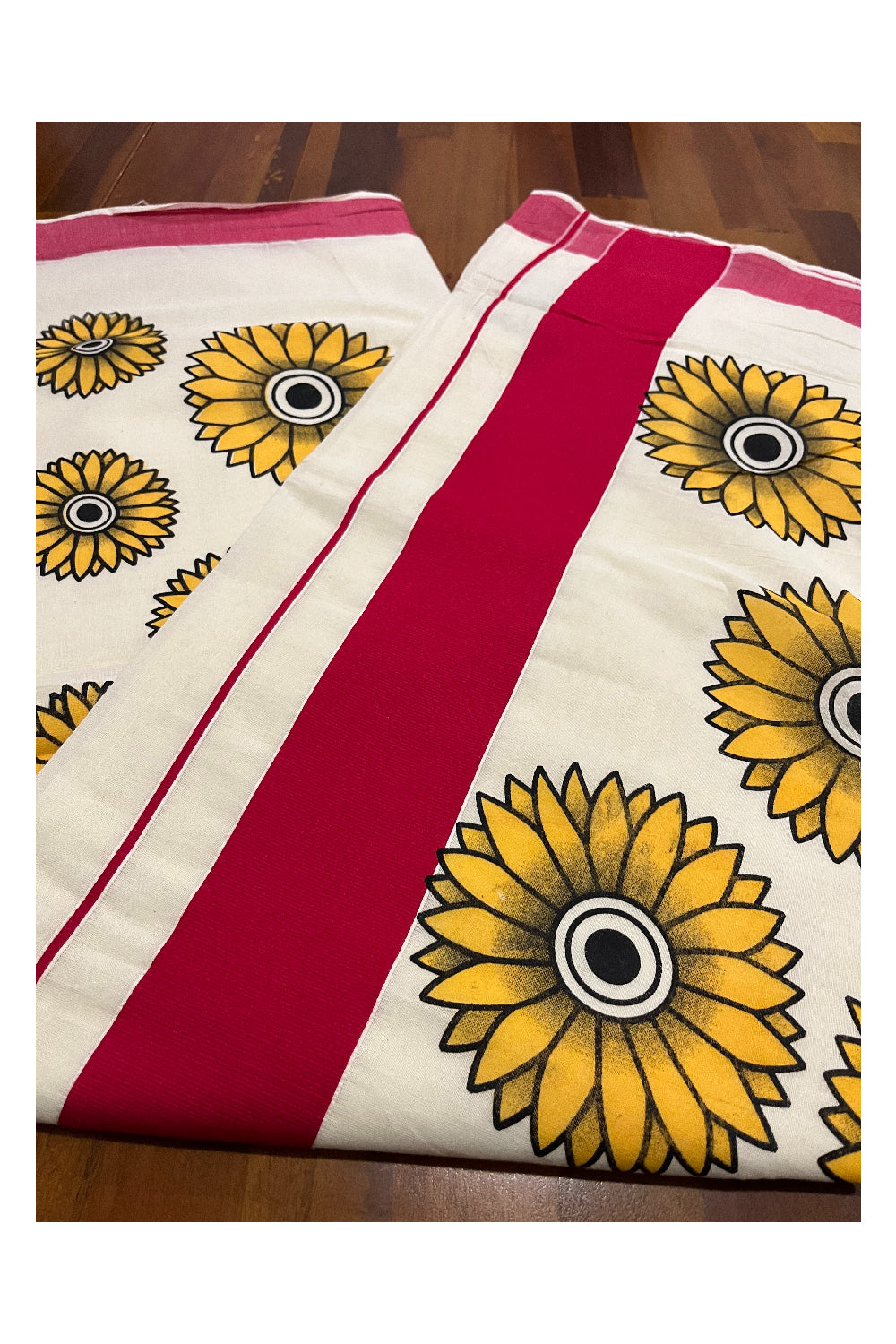 Kerala Cotton Saree with Sunflower Prints on Body and Red Border