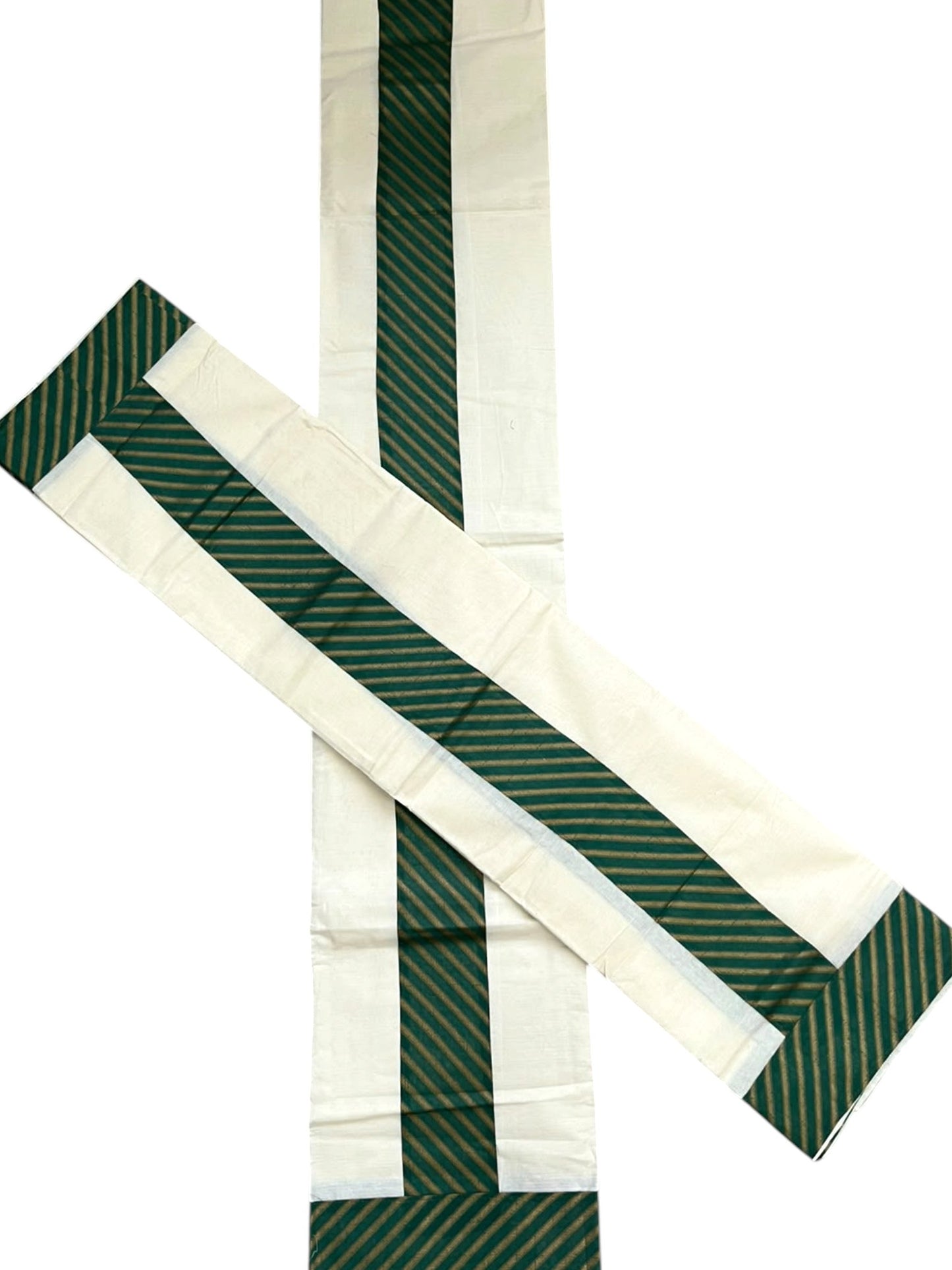 Southloom Pure Cotton Single Set Mundu (Mundum Neriyathum) With Green Border 2.80 Mtrs