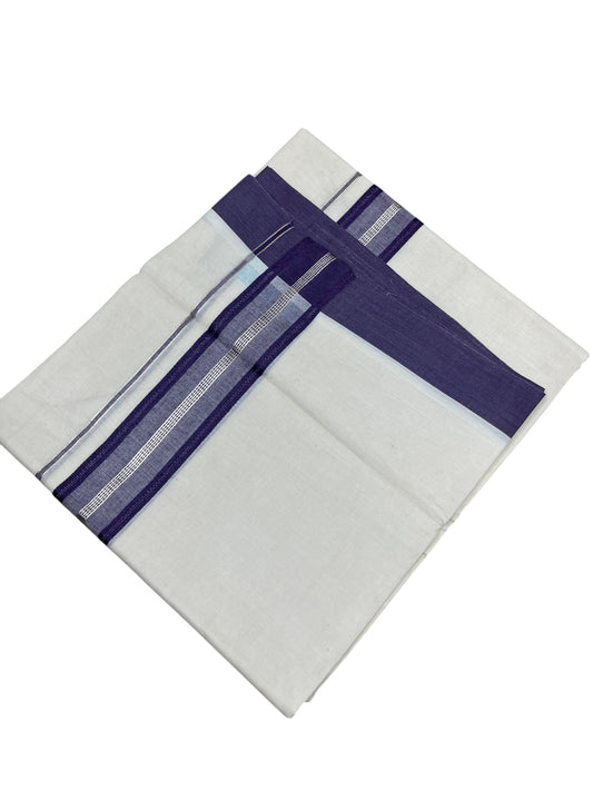 Southloom Kerala Pure Cotton Double Mundu with Silver Lines and Violet Border with (South Indian Dhoti)