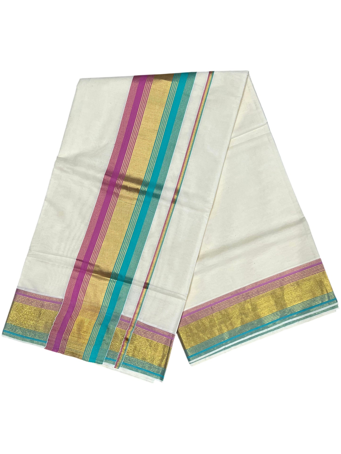 Southloom Kerala Cotton Kasavu Saree with Turquoise And Light Pink Border