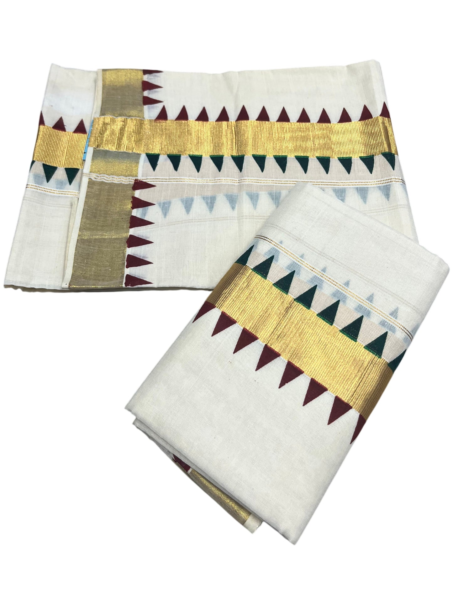 Southloom Kerala Cotton Kasavu Single Set Mundu (Mundum Neriyathum) with Green  And Maroon Temple Design Border SLKK