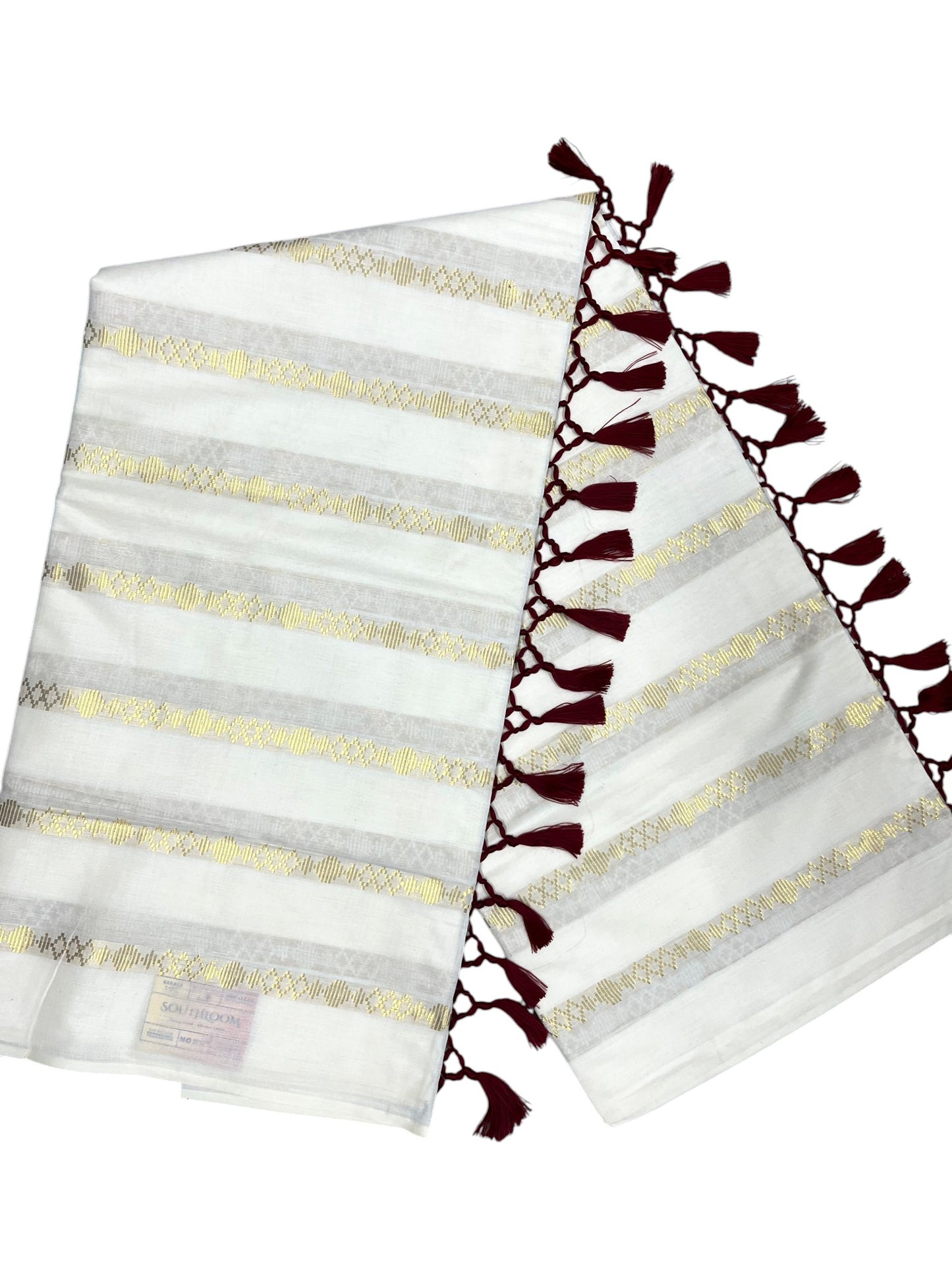 Southloom Kerala Cotton Kasavu Saree with Stripes on Body and Maroon Tussels