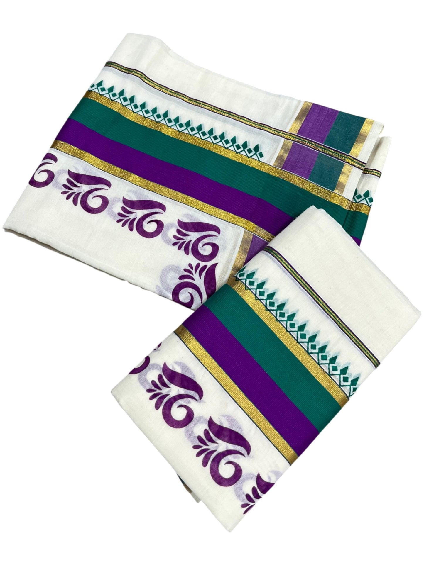 Southloom Cotton Single Set Mundu (Mundu Neriyathum) Digital Print With Green And Violet Border Kasavu in 2.80 Mtrs