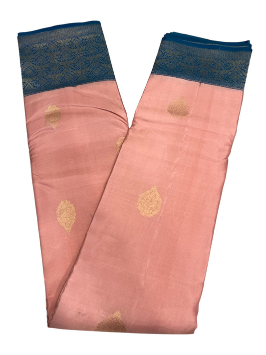 Southloom Premium Handloom Bridal Kanchipuram Silk Saree with Korvai Work (Peach & Blue)