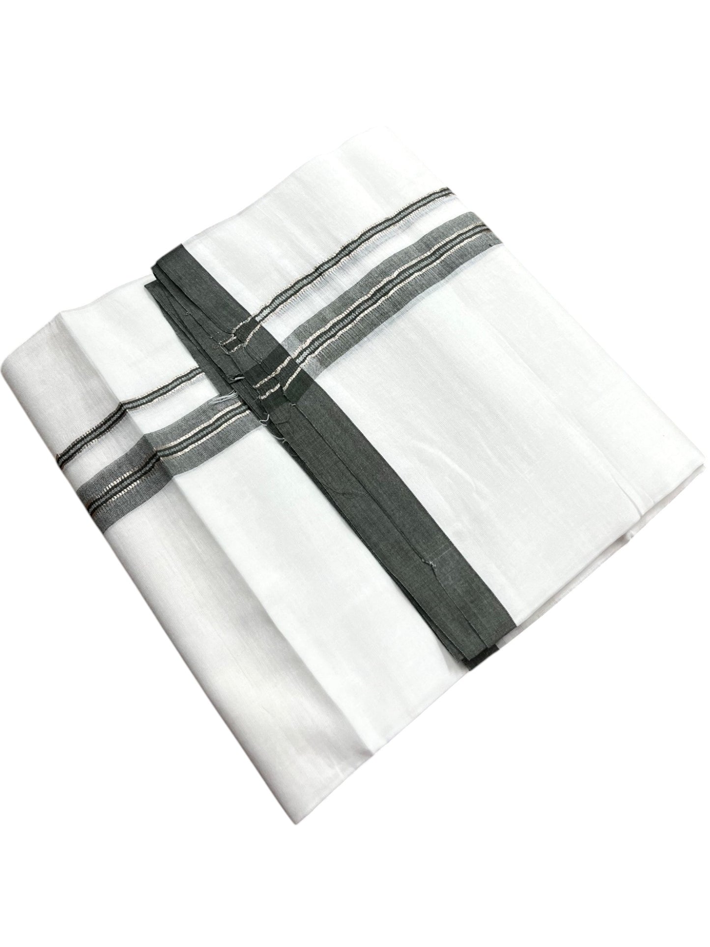 Southloom Pure White Cotton Mundu with Olive Green & Silver Line Border (South Indian Kerala Dhoti)