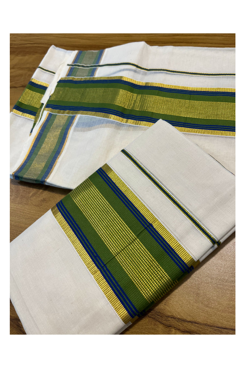 Kerala Cotton Set Mundu (Mundum Neriyathum) with Kasavu and Olive Green Border 2.80 Mtrs