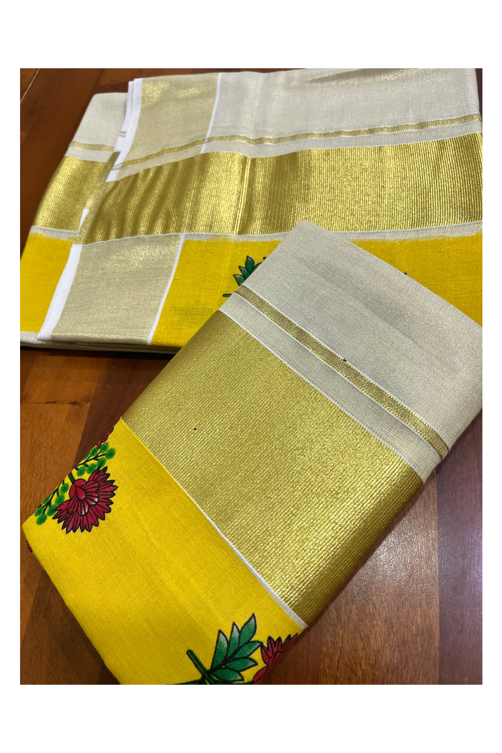 Kerala Tissue Single Set Mundu (Mundum Neriyathum) with Red Floral Block Prints in Yellow Border 2.80 Mtrs (Onam 2024 Collection)