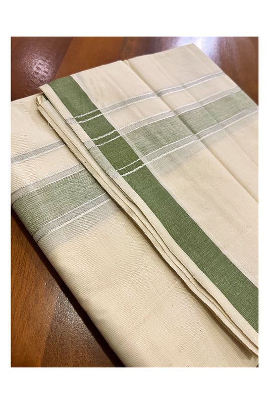 Pure Cotton Kerala Double Mundu with Silver Kasavu and Olive Green Border (South Indian Kerala Dhoti)