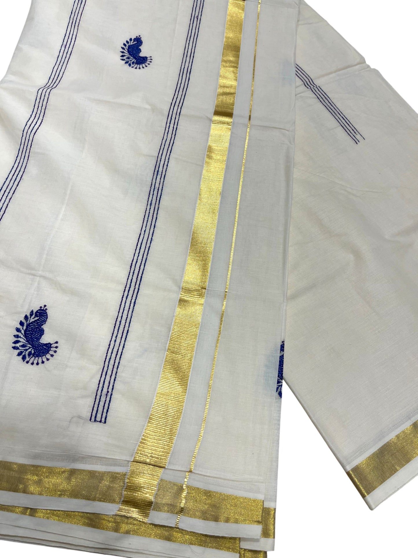 Southloom Kerala Cotton Kasavu Saree with Peacock Embroidery Works Across Body