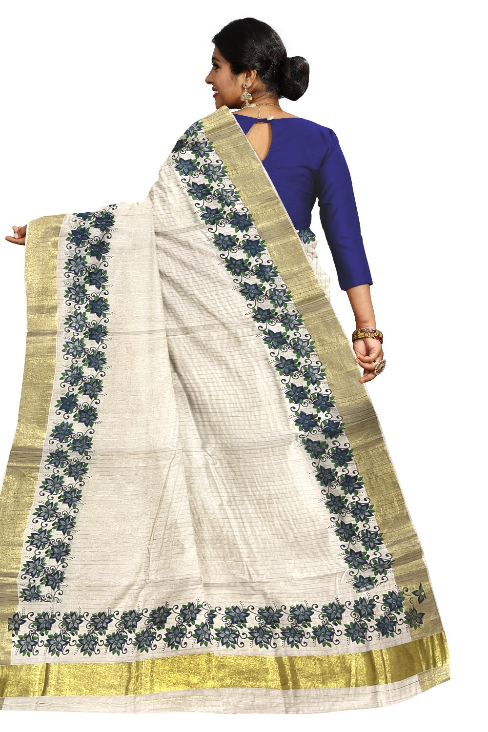 Southloom Onam 2023 Special Blue Floral Printed Lines Kasavu Saree