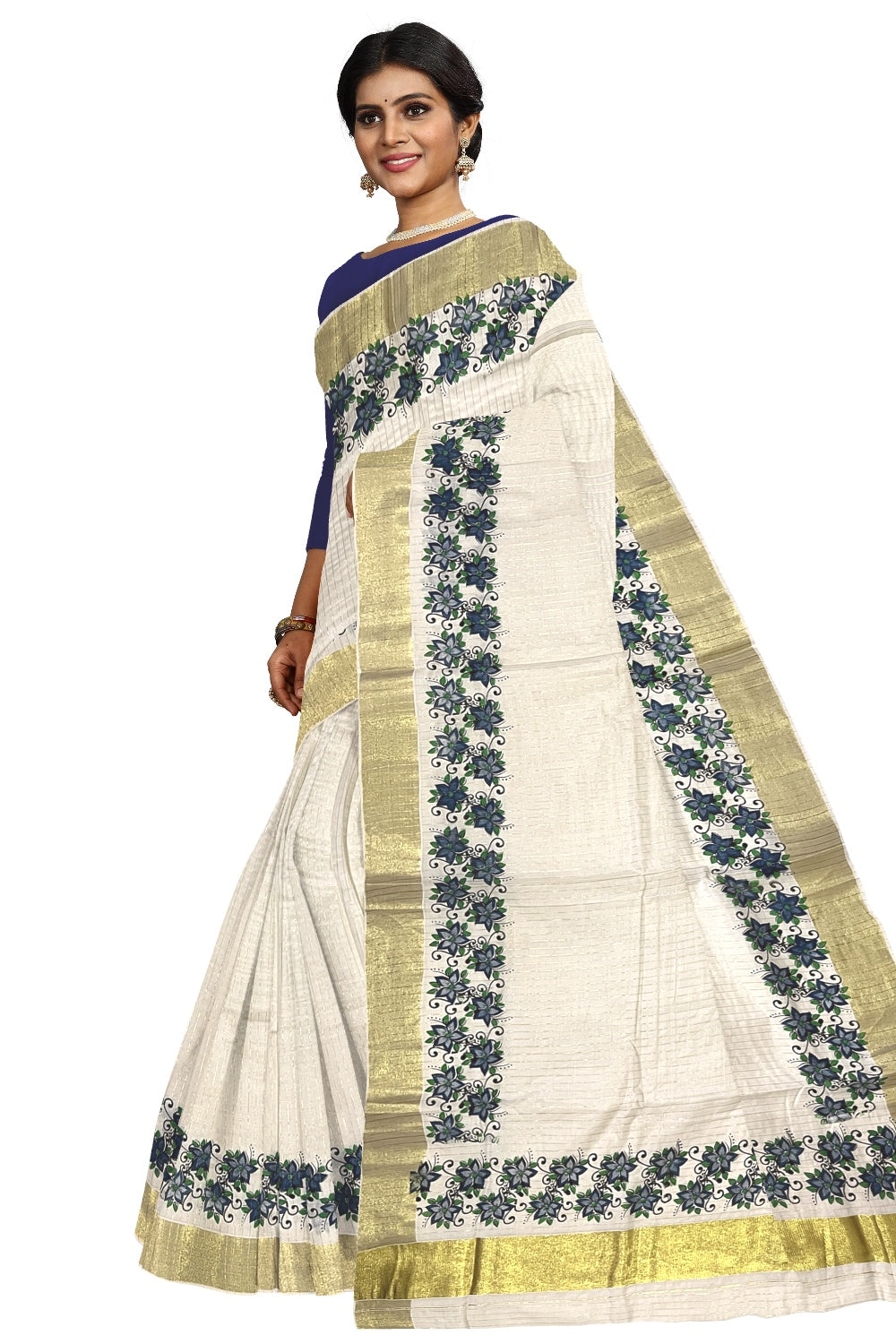 Southloom Onam 2023 Special Blue Floral Printed Lines Kasavu Saree