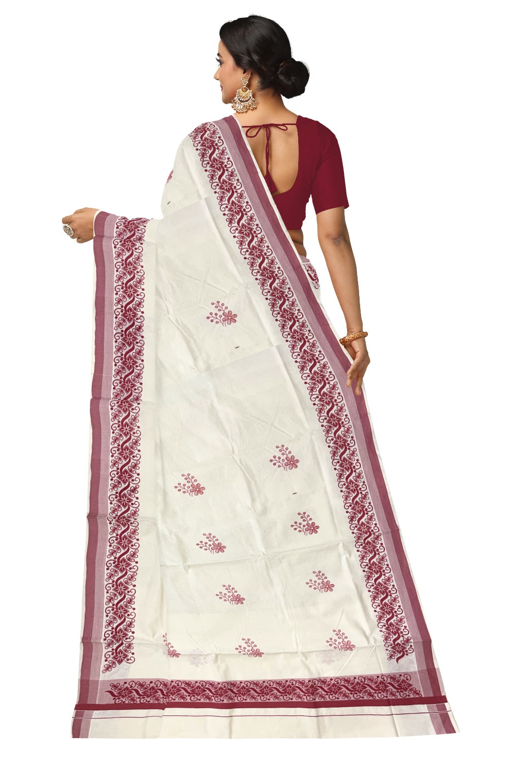 Pure Cotton Off White Kerala Saree with Brick Red Floral Block Printed Border (Onam Saree 2023)