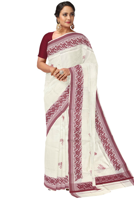 Pure Cotton Off White Kerala Saree with Brick Red Floral Block Printed Border (Onam Saree 2023)