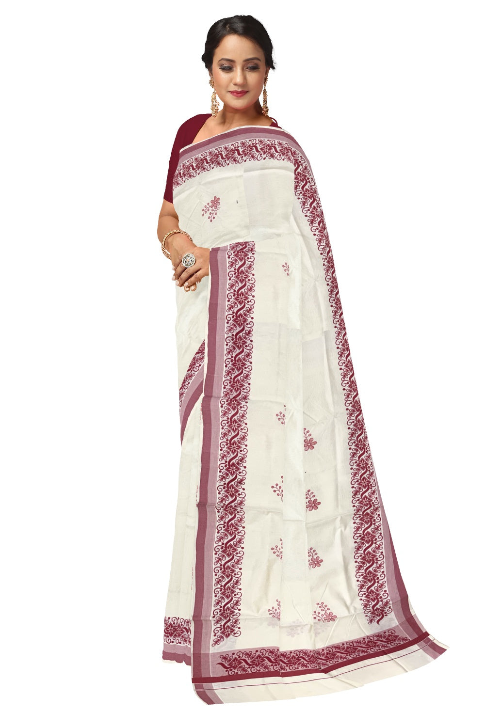 Pure Cotton Off White Kerala Saree with Brick Red Floral Block Printed Border (Onam Saree 2023)