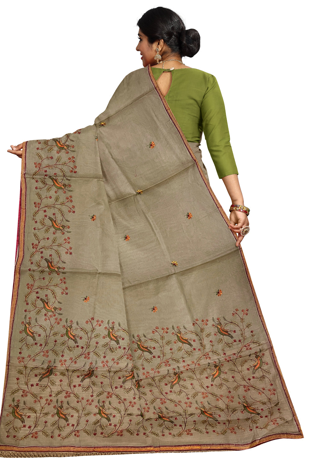 Southloom Cotton Brown Saree with Orange Thread Works