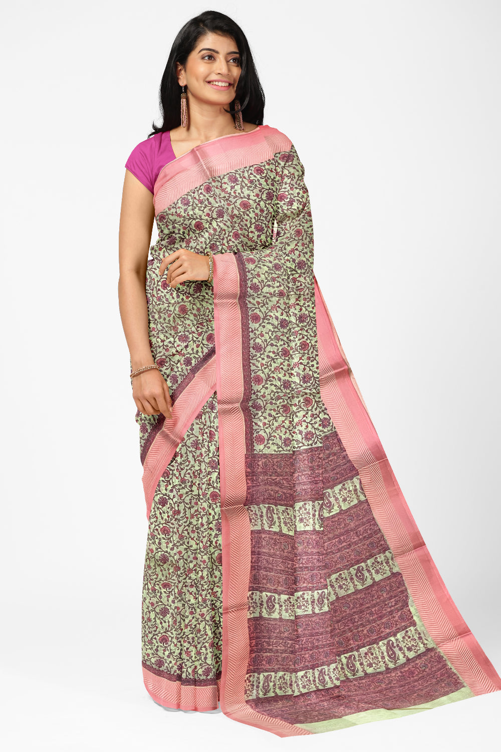 Southloom Cotton Floral Printed Saree with Pink Border