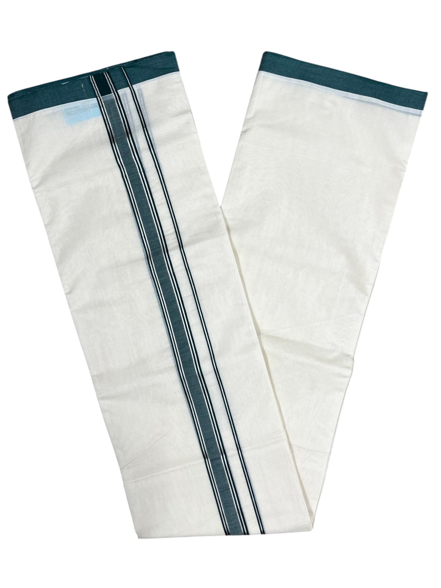 Southloom Pure Cotton Mundu with Silver Lines and Green Border (South Indian Kerala Dhoti)