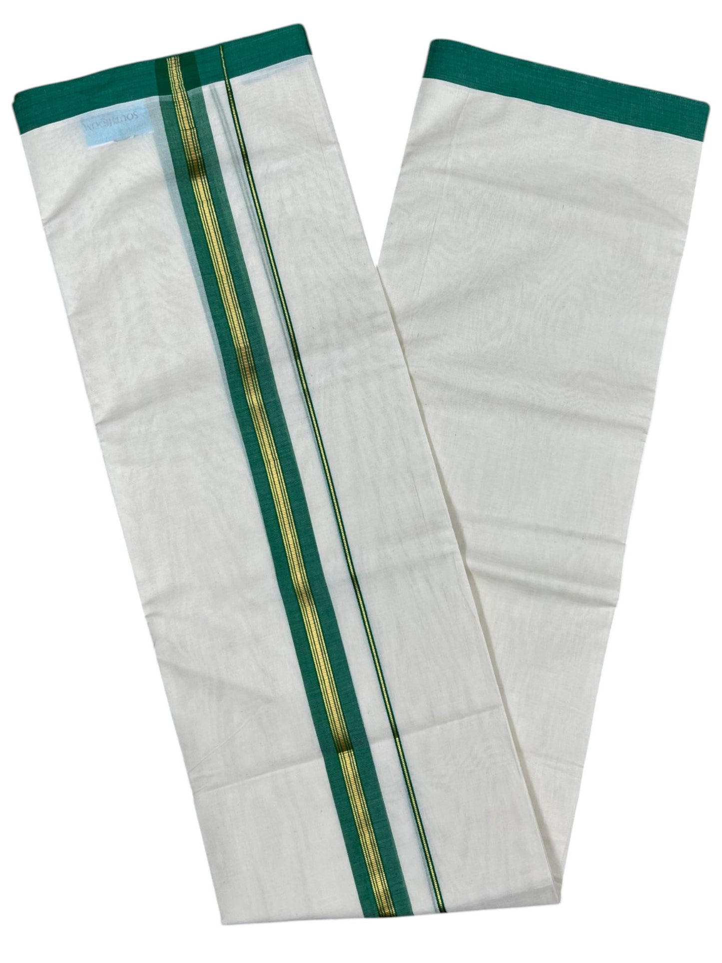 Southloom Pure Cotton Mundu with Gold Lines and Green Border (South Indian Kerala Dhoti)