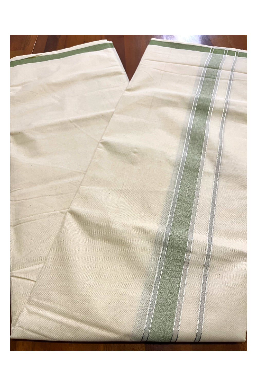 Pure Cotton Kerala Double Mundu with Silver Kasavu and Olive Green Border (South Indian Kerala Dhoti)