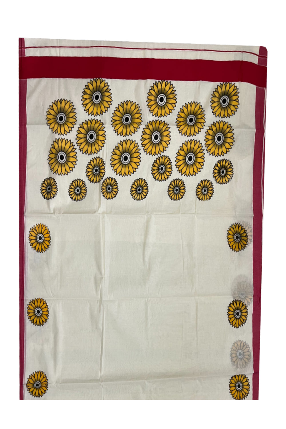 Kerala Cotton Saree with Sunflower Prints on Body and Red Border