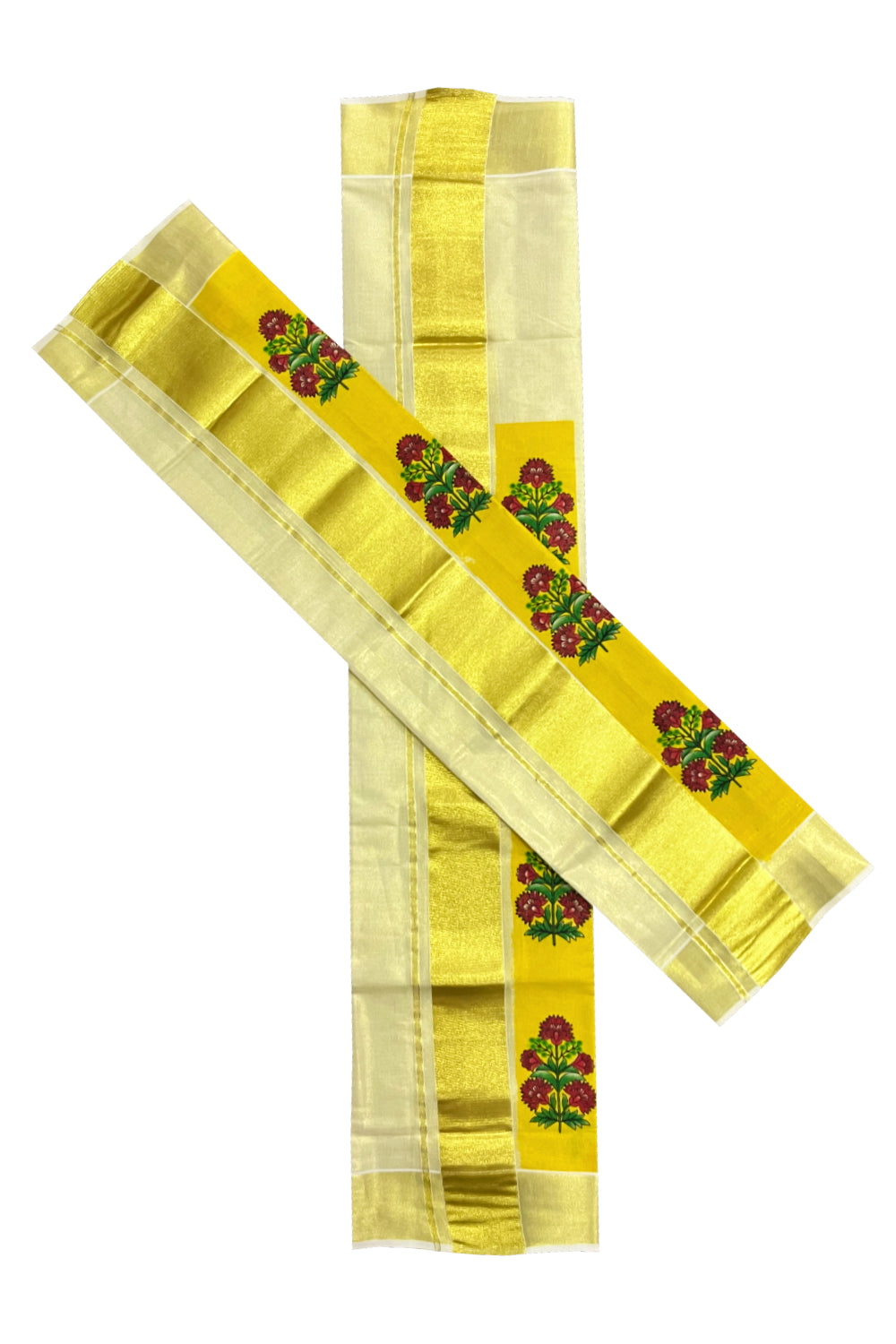 Kerala Tissue Single Set Mundu (Mundum Neriyathum) with Red Floral Block Prints in Yellow Border 2.80 Mtrs (Onam 2024 Collection)