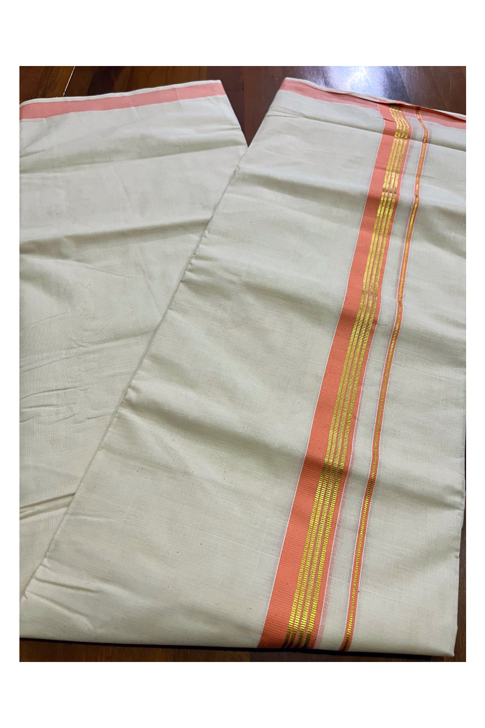 Off White Kerala Cotton Double Mundu with Kasavu and Peach Border (South Indian Kerala Dhoti)