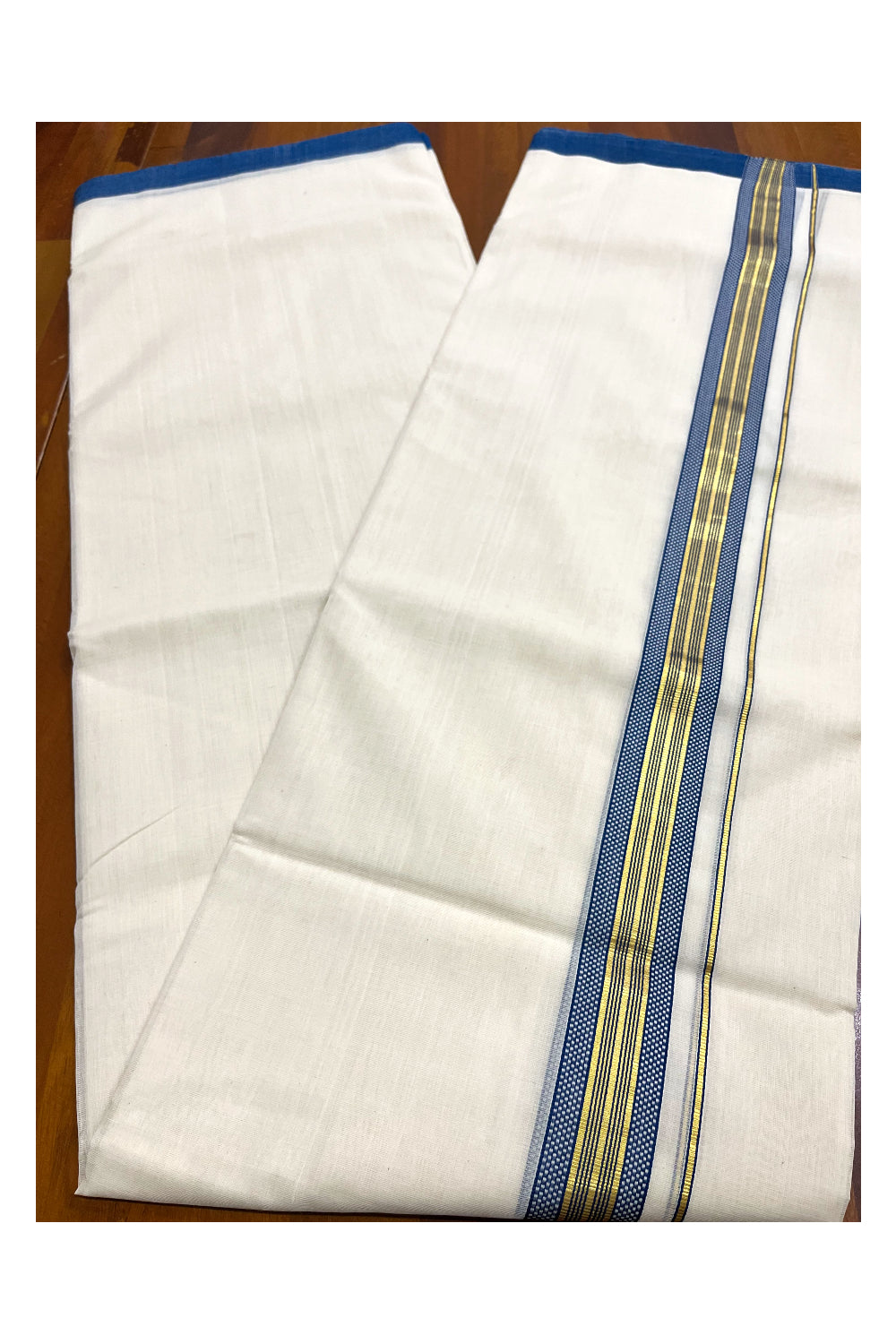 Premium Balaramapuram Handloom Unakkupaavu Cotton Double Mundu with Kasavu and Blue Design Border (Vishu 2024 Collection)