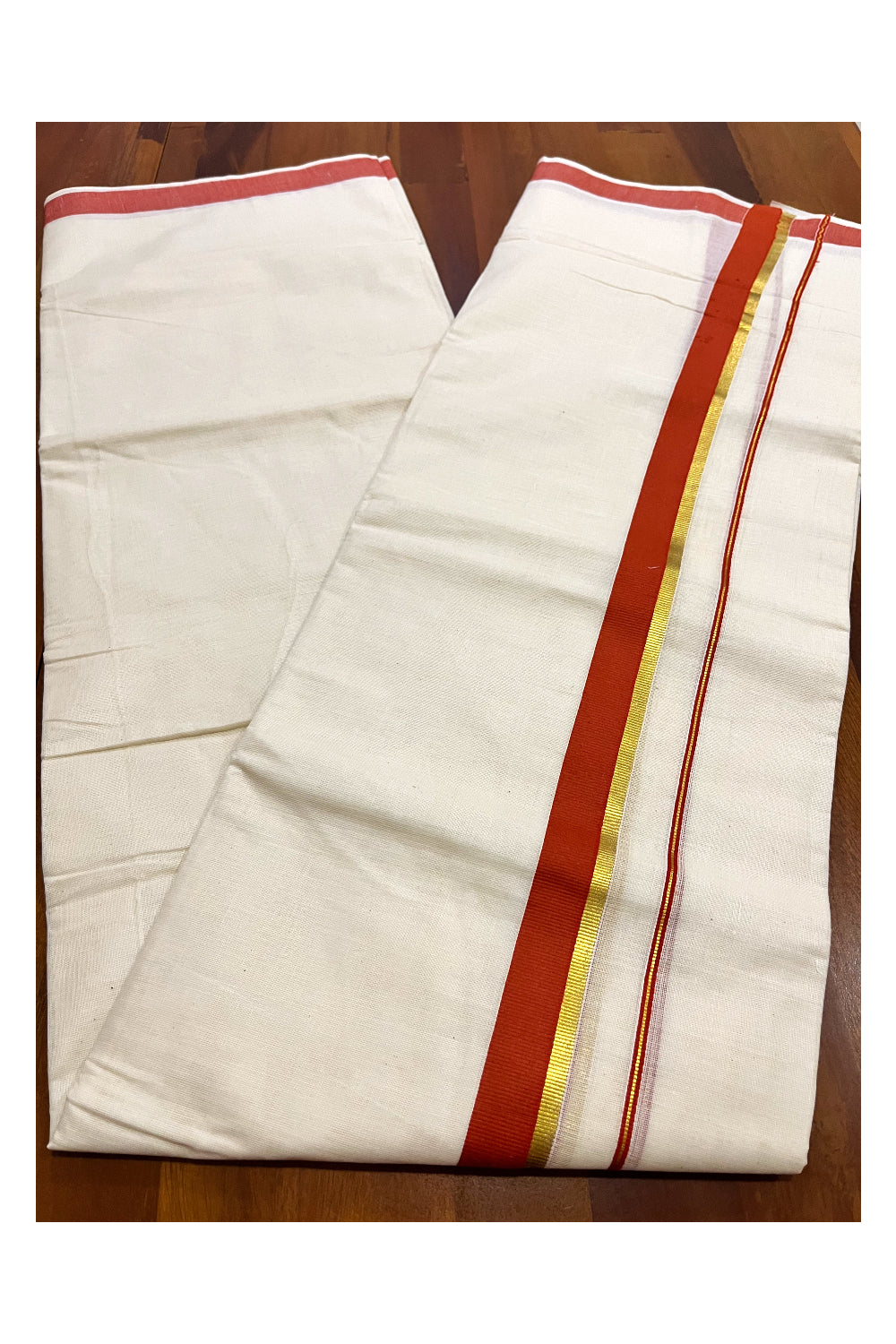 Pure Cotton Mundu with Orange and Kasavu Border (South Indian Kerala Dhoti)