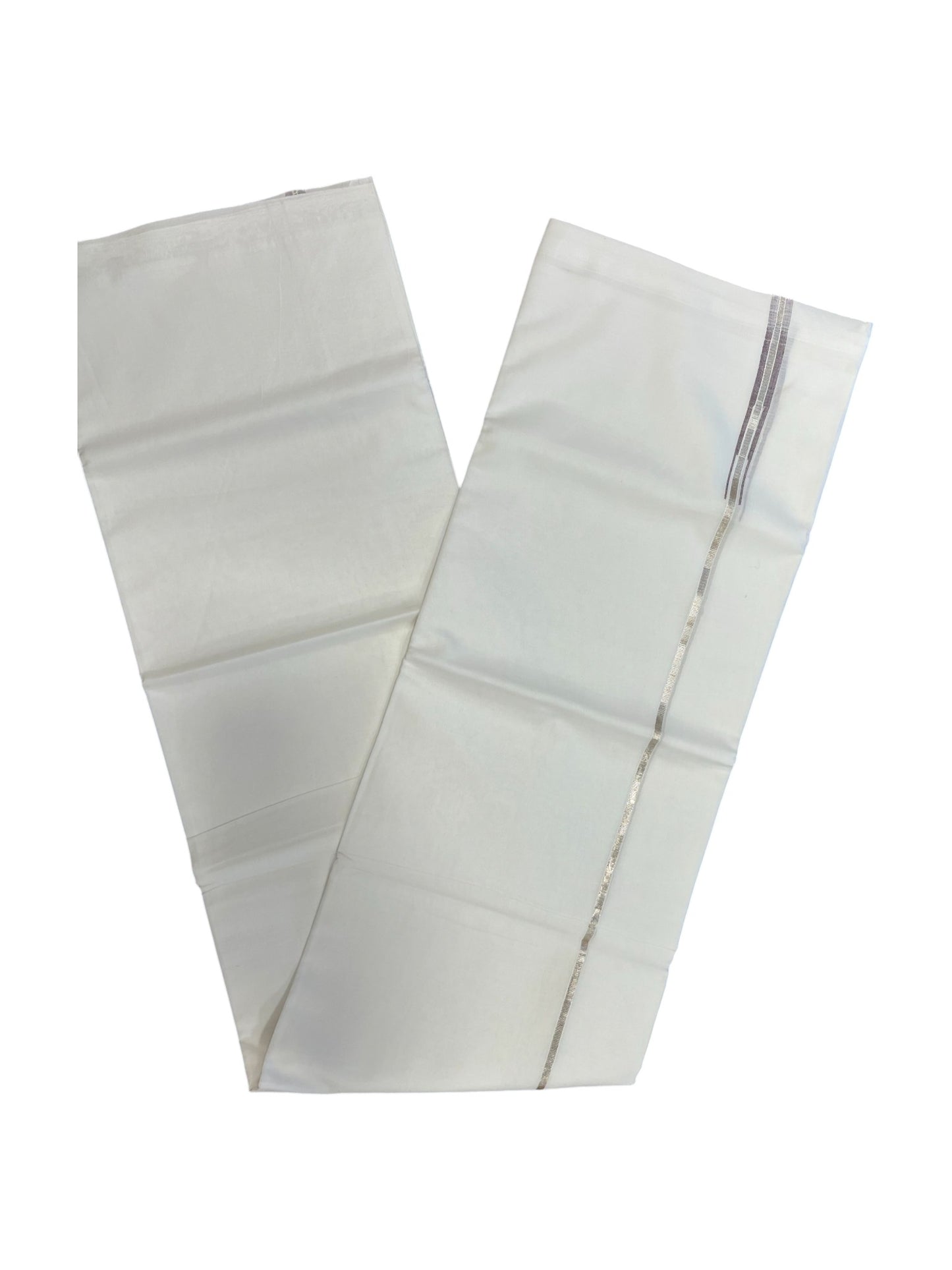 Pure White Cotton Double Mundu with Silver Chutti Kara (South Indian Dhoti)