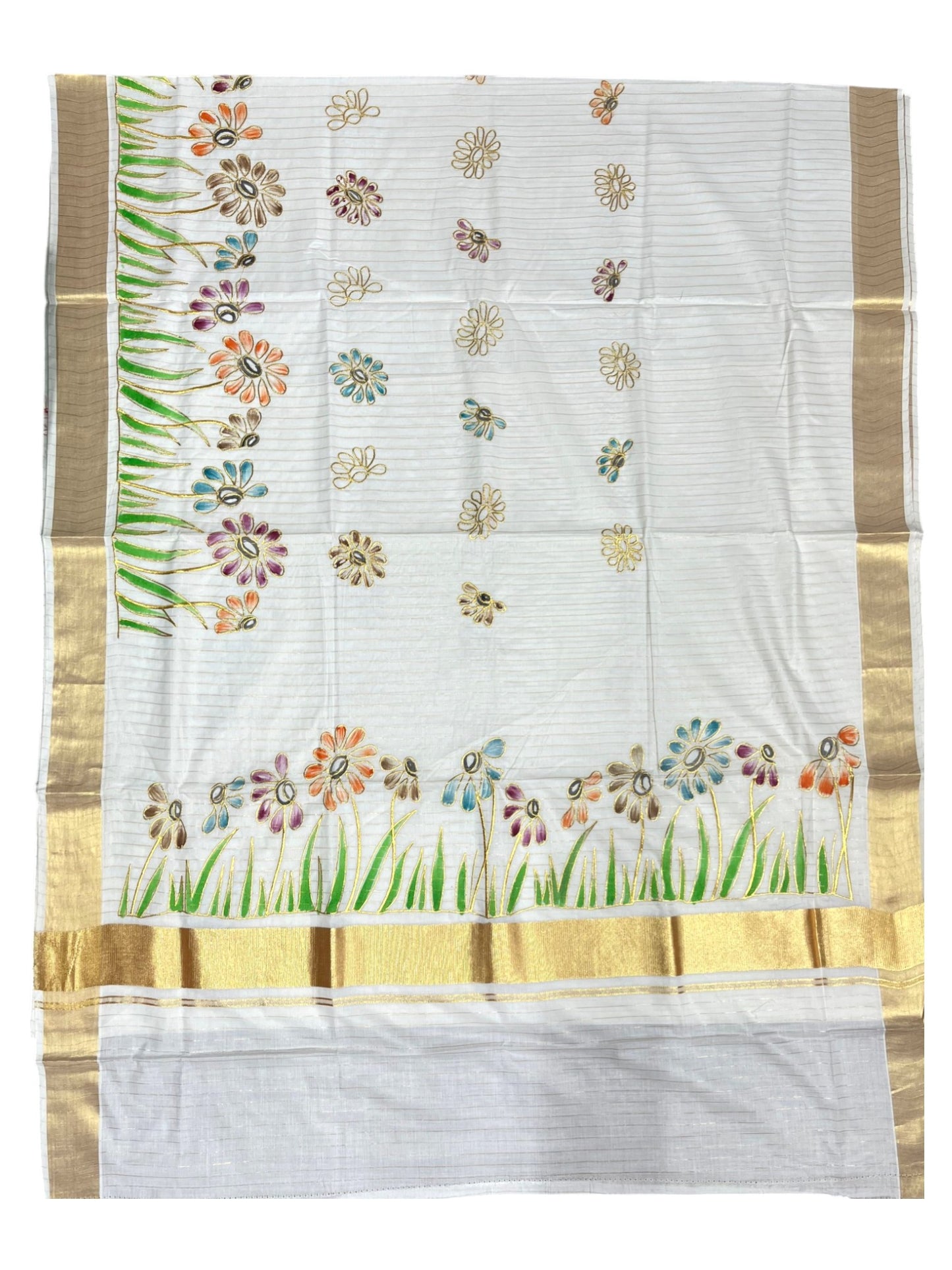 Southloom Cotton Kerala Kasavu Stripes Saree with Floral and Handpainted Embroidery Design in Body