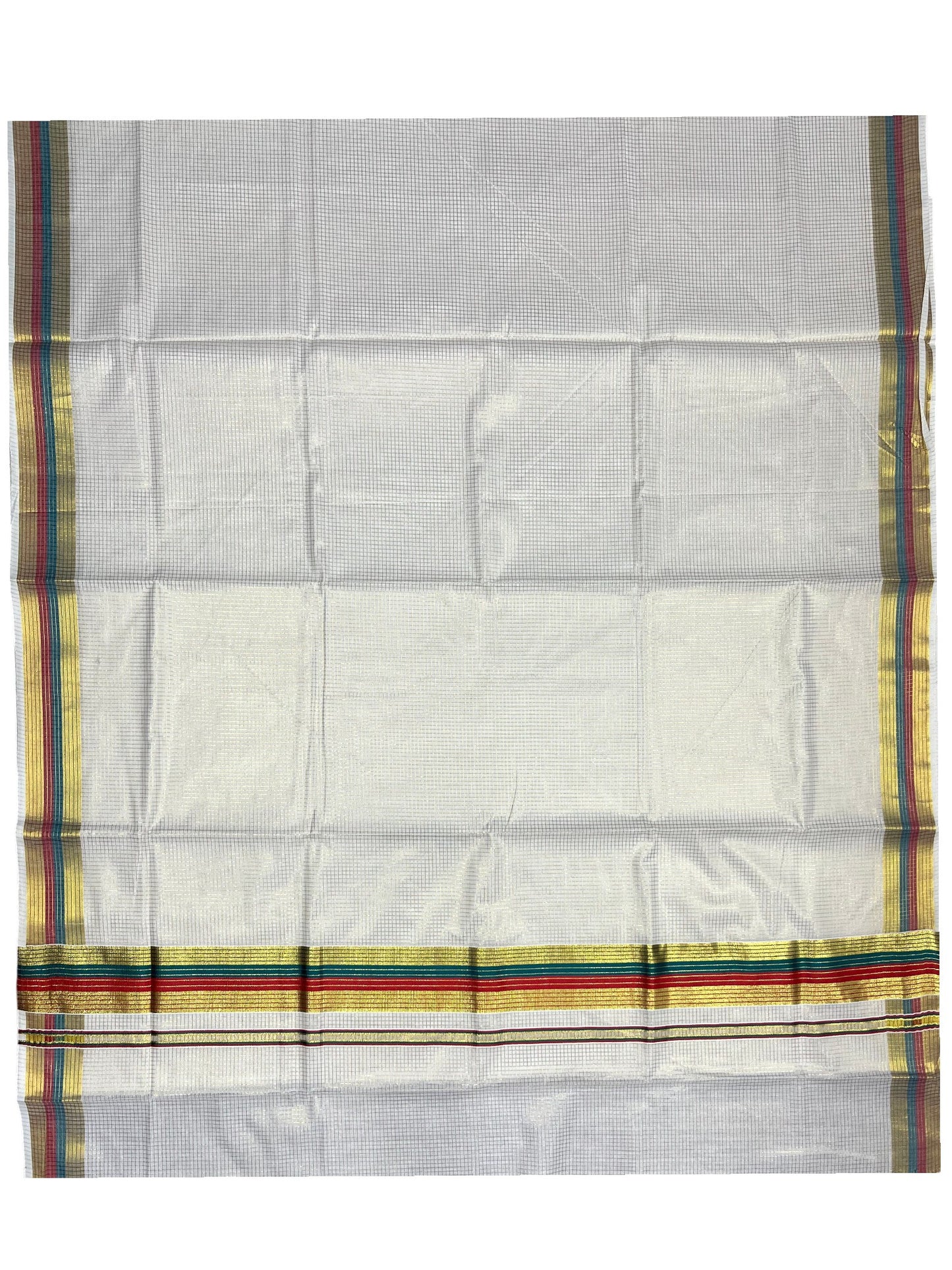 Southloom Kerala Cotton Kasavu Saree with Micro Check Design on Body in Red & Peacock Green Border