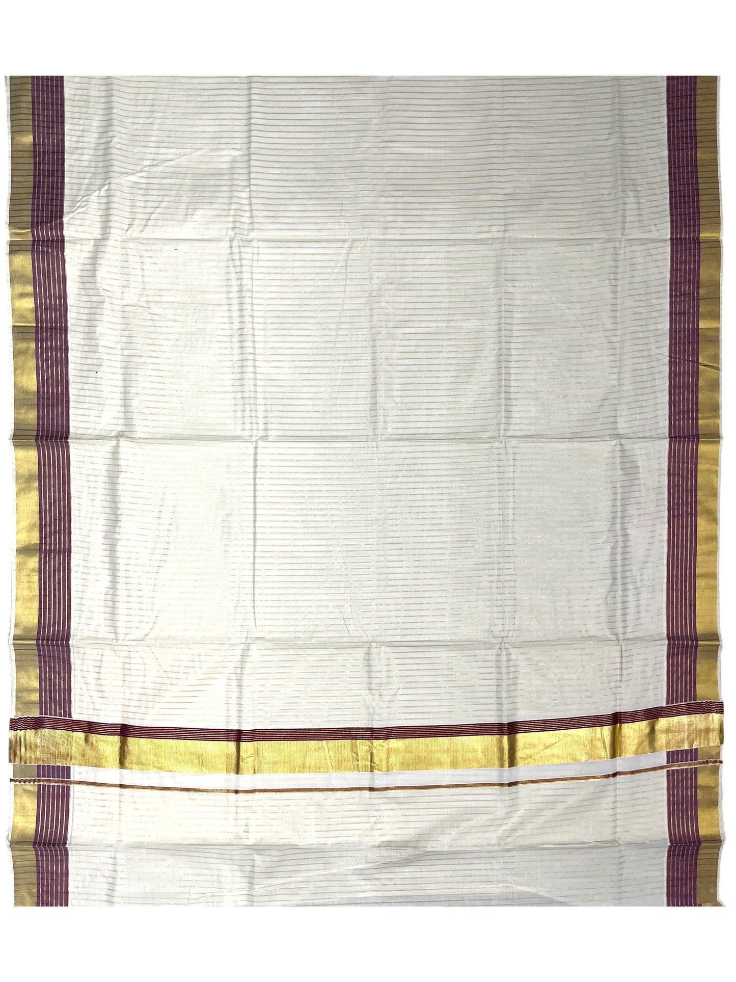 Southloom Pure Cotton Kerala Kasavu Lines Design Saree with Purple Border