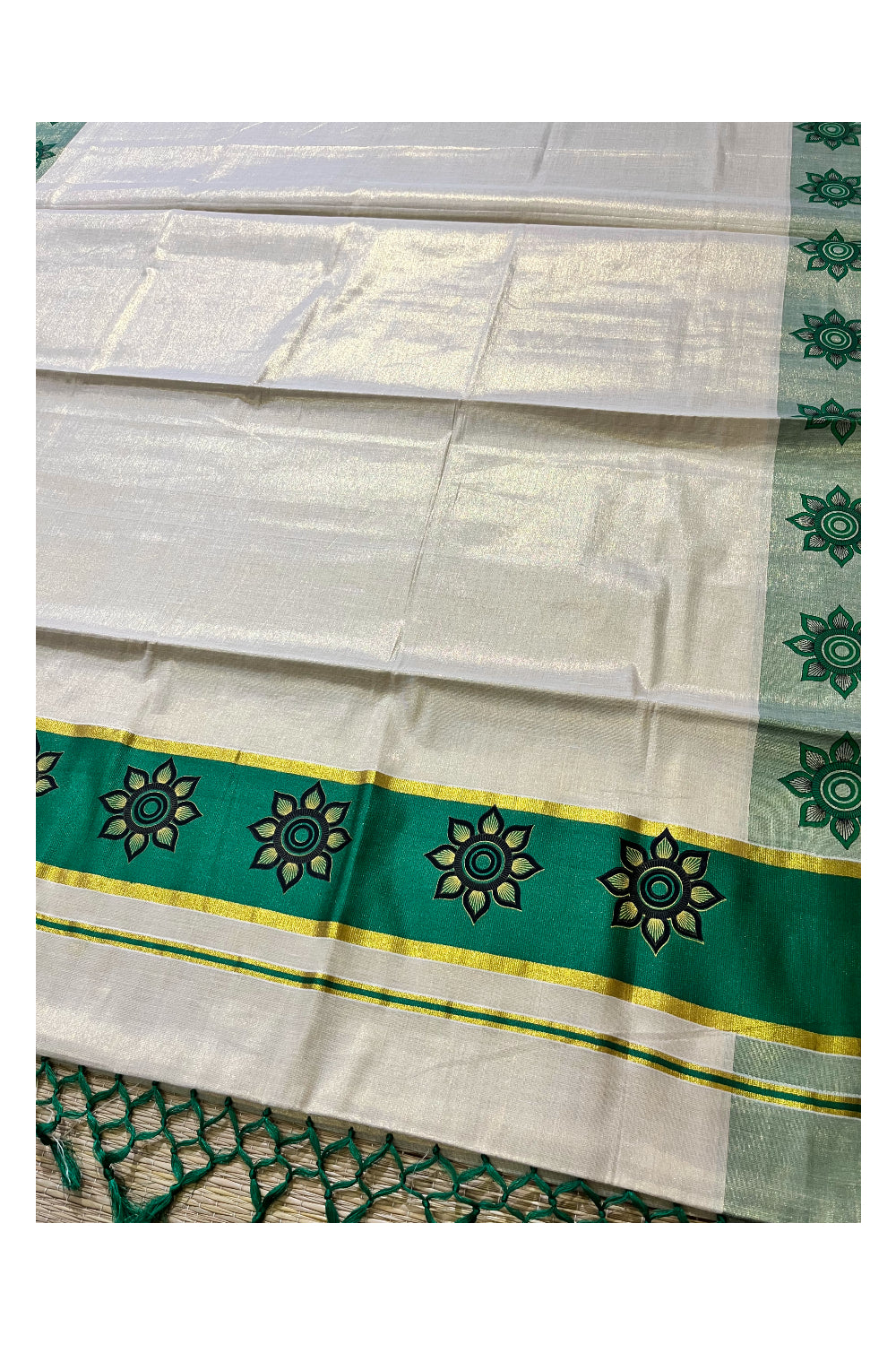 Kerala Tissue Kasavu Saree with Floral Block Prints in Green Border (Onam 2024 Collection)