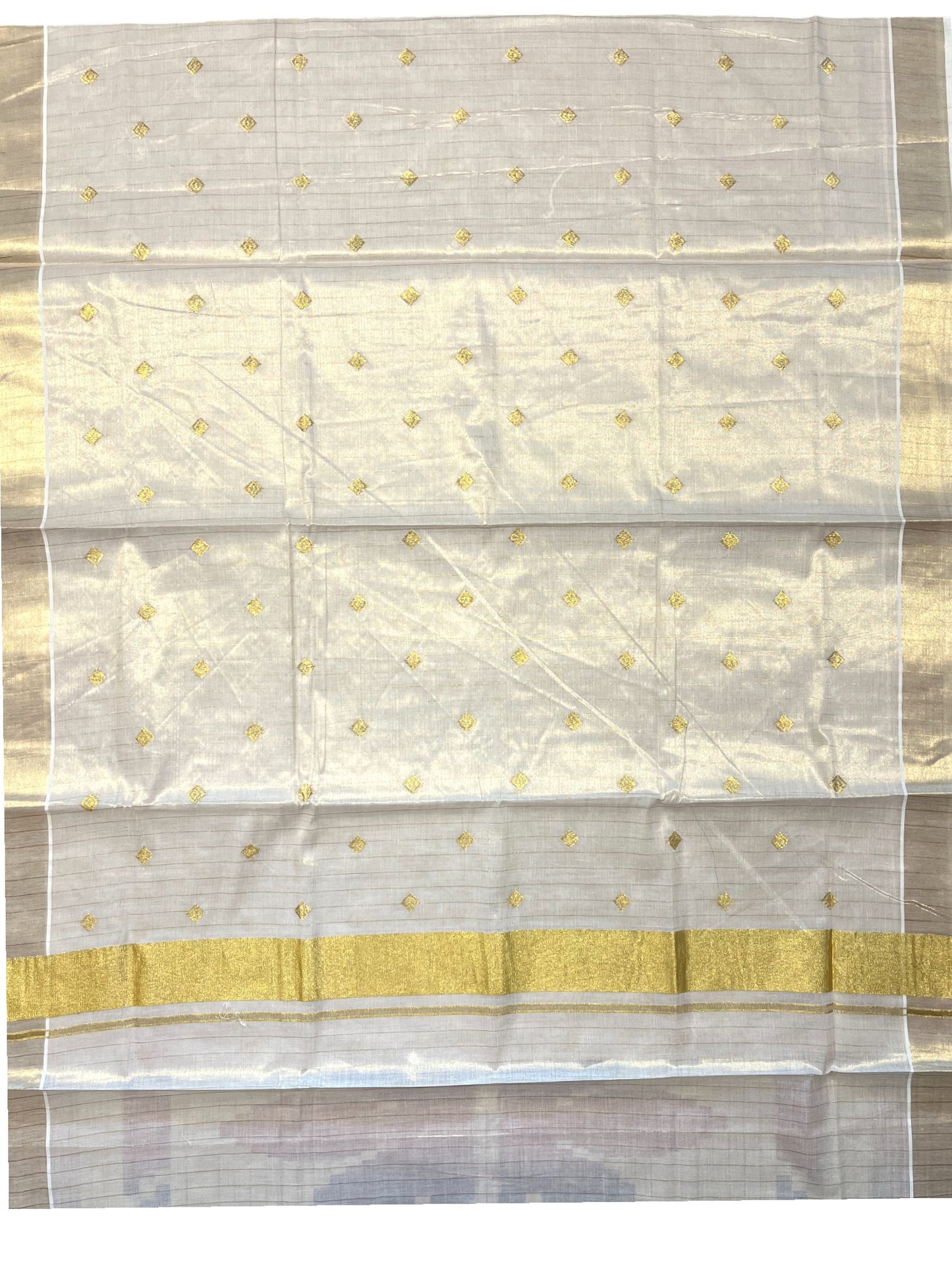 Southloom Kerala Tissue Kasavu Stripes Saree With Diagonal Embroidery on Body